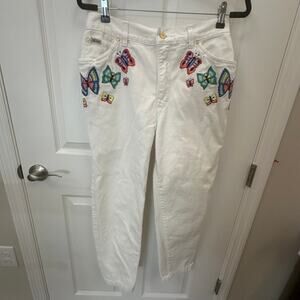 Escada Women’s size 42 high rise jeans white Floral Embroidered butterflies